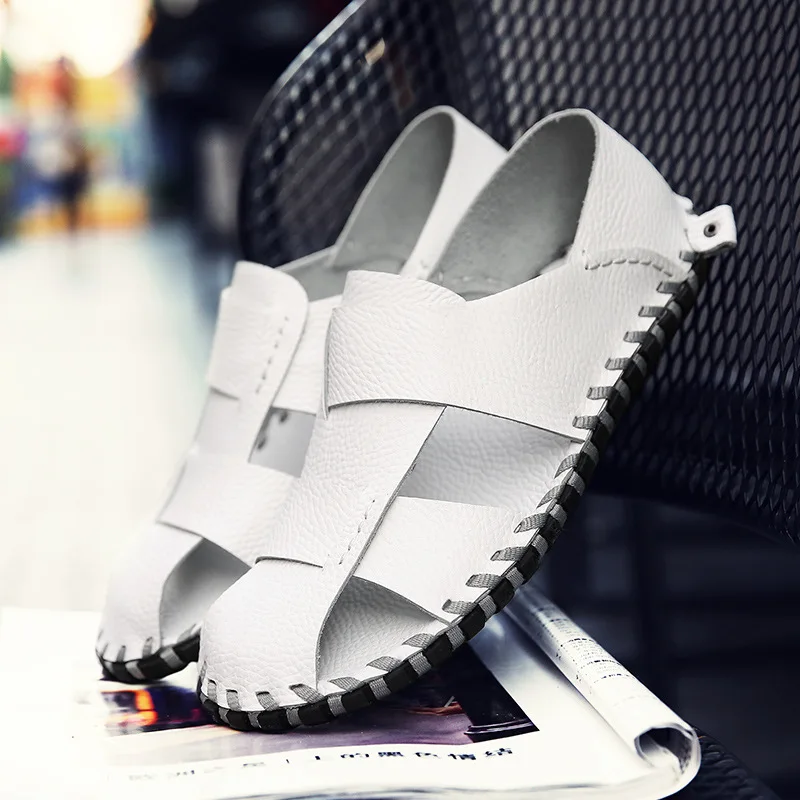 

Spring MEN'S SHOES Sandals Low Top Foot Covering Leather Flat Sandals Slip-on Comfortable Handmade Car Suture Porous Shoes