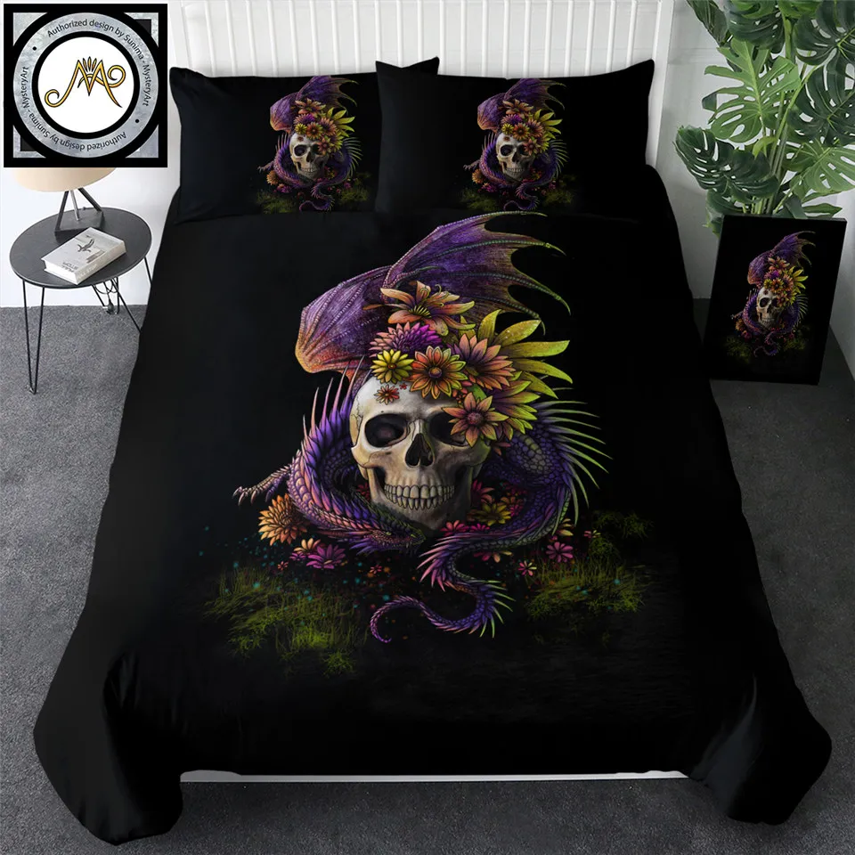 Flowery Skull Bedding Set Purple Gothic Duvet Cover 3-Piece Bedclothes