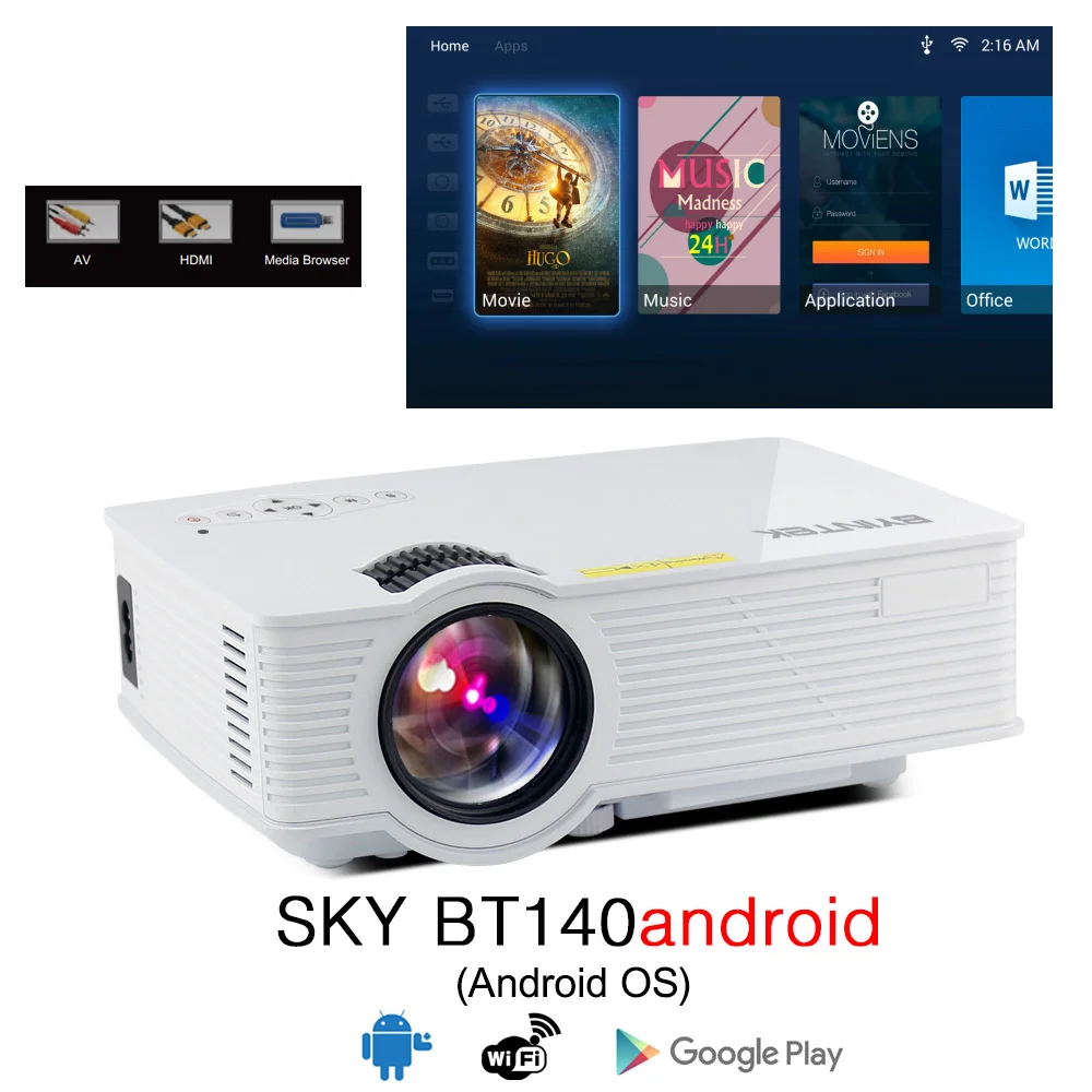 BYINTEK SKY BT140/BT140plus/BT140android светодиодный мини-проектор HD Домашний кинотеатр(дополнительно: беспроводной дисплей для Iphone смартфона - Цвет: BT140android