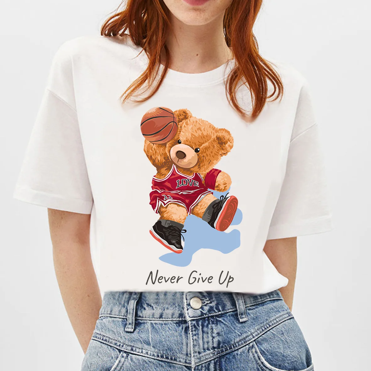 

BLINGPAW Graphic T Shirts Basketball Teddy Bear Never Give Up Letter Print T-shirt Unisex Tees Summer Tee Shirts 19 Colors