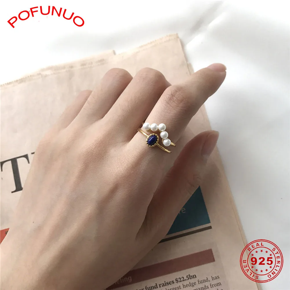 POFUNUO, полное 925 пробы, серебряные кольца для женщин, двухслойные, черный оникс, жемчуг, шикарное кольцо для девочек, стильное, роскошное, свадебное ювелирное изделие, подарок