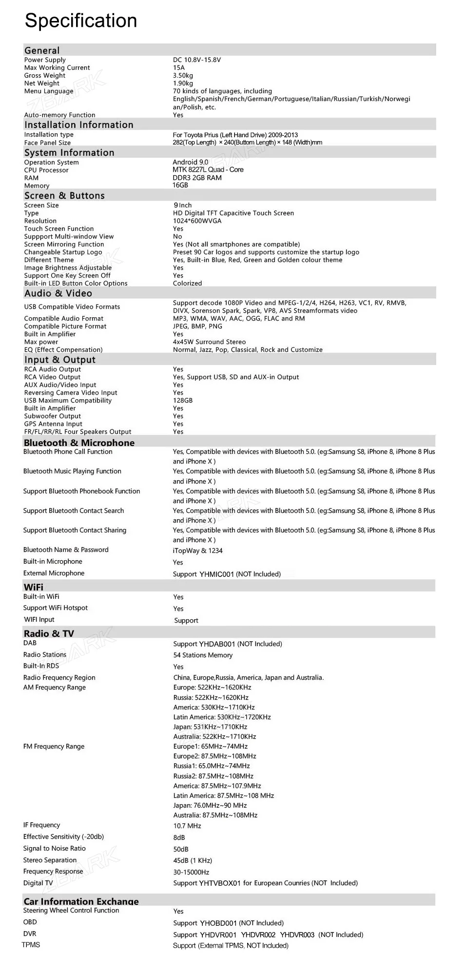 Top 9 inch 2 Din Android 9.0  GPS Navi  bluetooth left  hand drive Car Radio stereo  Player for TOYOTA Prius 2009  - 2013 YHPRSZMA1 19