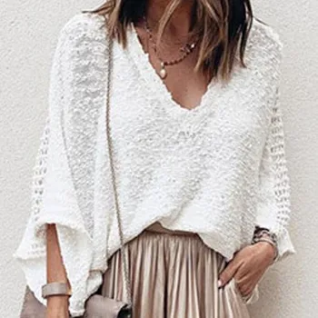

Hollow Out Knitting Pullover Sweater Women 2020 Spring Autumn New Solid Color Loose Shirt Tops White