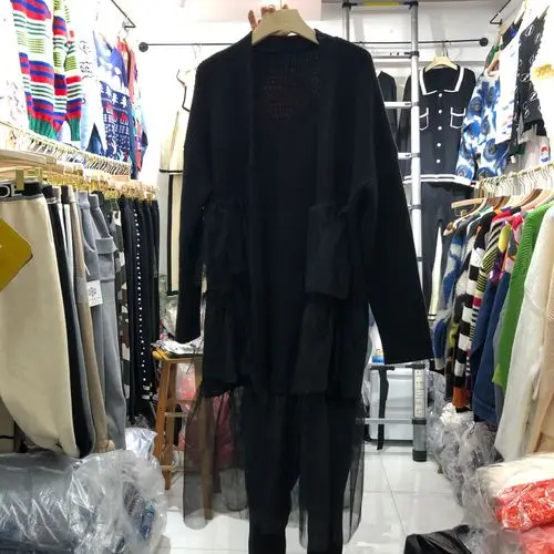 Neploe женский длинный вязаный кардиган сетка марлевые Лоскутные гофрированные с длинным рукавом Свободная куртка корейский свитер пальто открытый стежок 54831 - Цвет: black