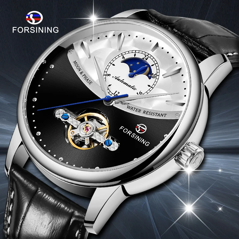 

Forsining Blue Automatic Watch For Men Male Moon Phase Leather Strap Watchband High Quality Casual Mechanical Wristwatch Clock