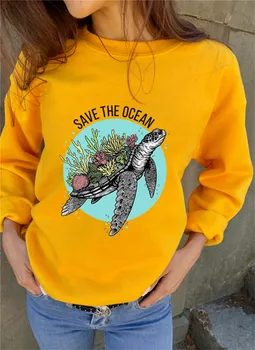

SAVE THE OCEAN Letter Print Hoodies Colorful Coral Turtle Graphic Kpoip Sweatshirt Women Harajuku Ladies Plus Size Winter Hoodie
