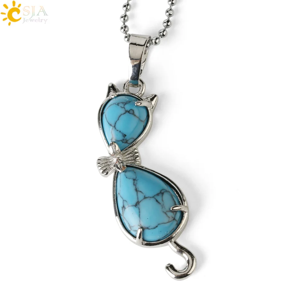 Blue Turquoise Chain CSJA натуральный камень кошка животное кулон в форме капли воды Исцеление розовый с кварцевым тигровым глазом фиолетовый кристалл прекрасные ожерелья для женщин девочек G305 - Окраска металла: Blue Turquoise Chain