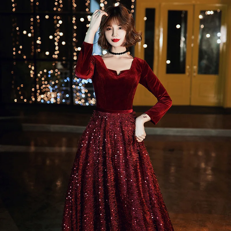 

2019 Real High Toast Bride 2020 New Long Sleeve Wine Wedding Autumn And Winter Velvet Evening Dress Engagement Back To The Door