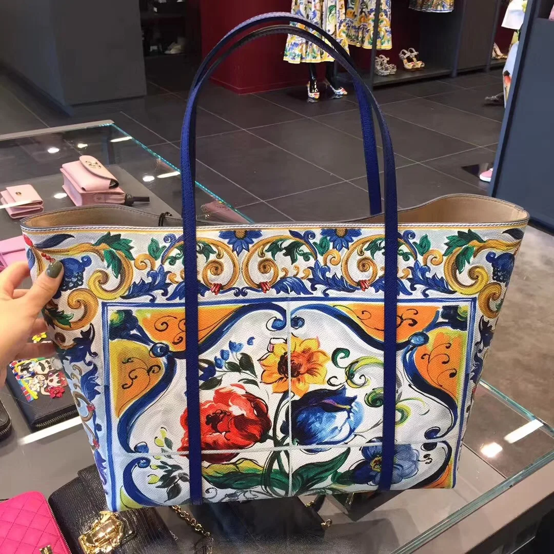 

Ethnic Style Handbag Genuine Leather Shopper Bags Famous Designer Flower Print Painted Women Shoulder Bag Super Luxury Tote Bags