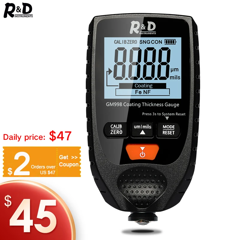 R&D GM998 car paint coating thickness gauge car paint electroplate metal coating thickness tester meter 0-1500um Fe & NFe probe