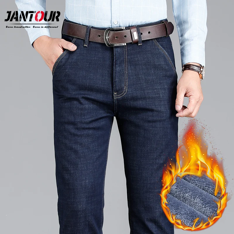 

2020 New Autumn Winter Warm Fleece Jeans Men High Quality Pants Warm thicker Flocking Warm Soft Trousers Men Big size 40 42