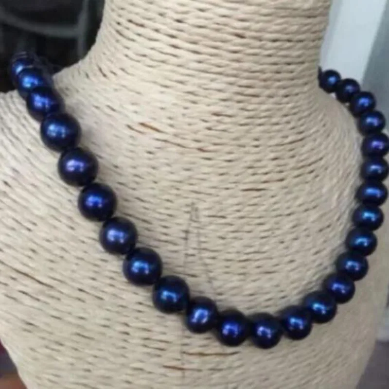

10-11mm tahitian black blue pearl necklace 925 silver jj