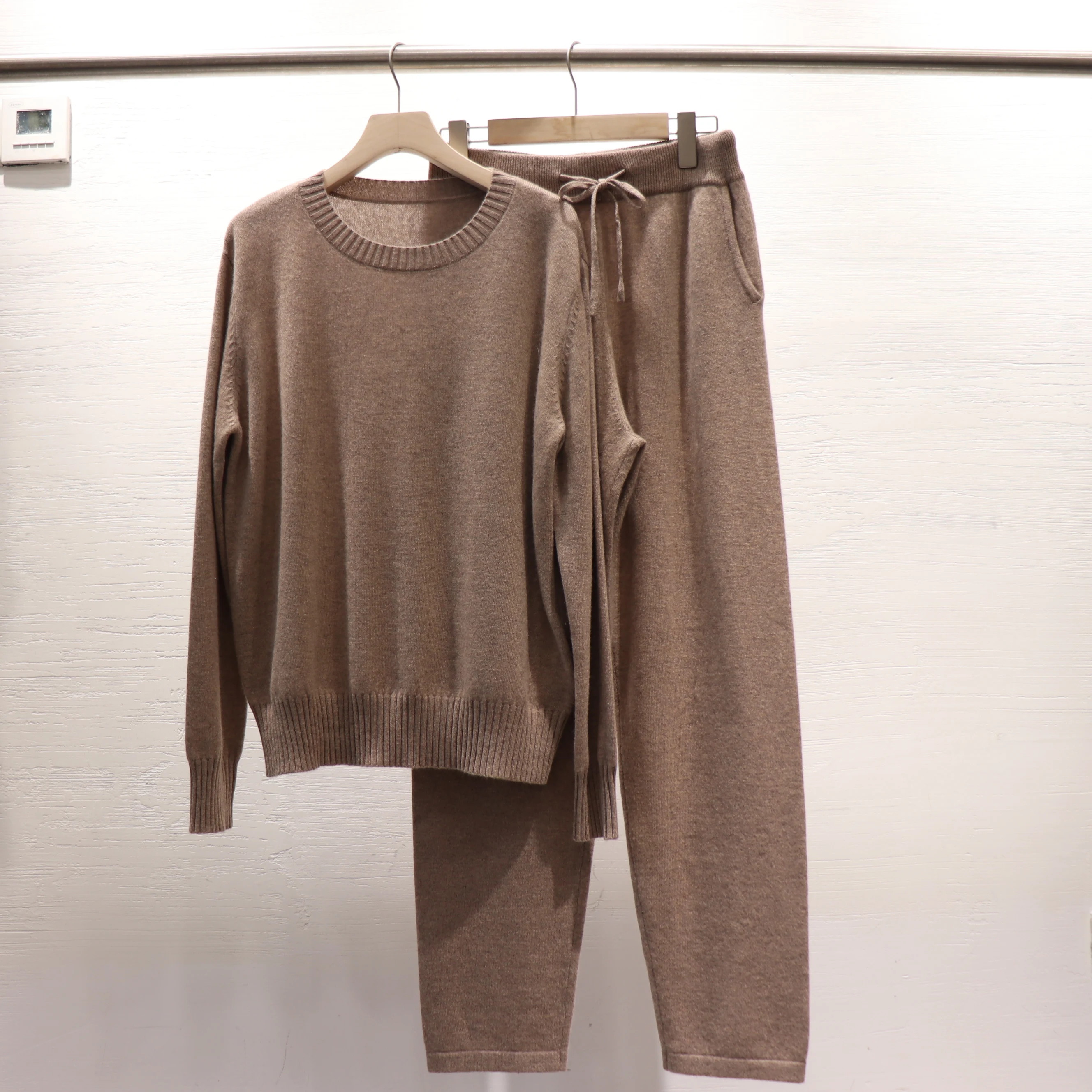 Fashion High Quality Women's Luxury Two Pieces 100%Cashmere Wool Suits Female Warm Cashmere Knit Tops +  Wool Pant Sets WY564 3