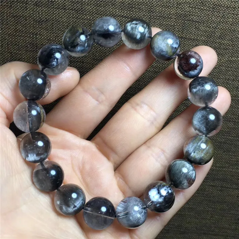 

11.1mm Natural Brookite Platinum Silver Rutilated Quartz Crystal Bracelet Round Bead Woman Man Lucky Gift Clear Gemstone Jewelry