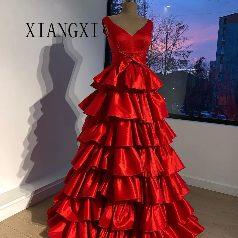 

Vestido de festa Red Evening Dresses Satin V-Neck Sleeveless Floor Length Long Evening Dress Formal Gowns Robe de soiree Vestido