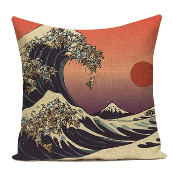 

Lovely Cushion Covers Minimalist Mountain Cushions Car Seat Chair Square Cotton Linen Home Sofa Car Decorative Ukiyo-E Pillows