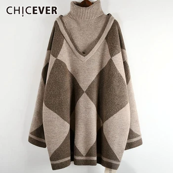 

CHICEVER Patchwork Hit Color Sweaters For Women Turtleneck Long Sleeve Knitted Pullover Winter Sweater Female 2020 Fashion New