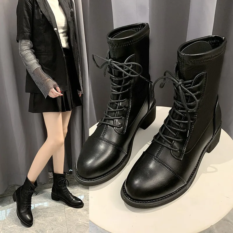 

Autumn And Winter Chunky-Heel Lace-up England Martin Boots Women's Classic Style Wearable Ankle Boots Semi-high Heeled Versatile