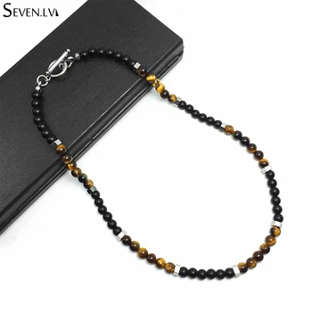 

New 6mm map Stone Tiger's eye stone stainless steel separate beads charm necklace natural stone beads necklace jewelry for men
