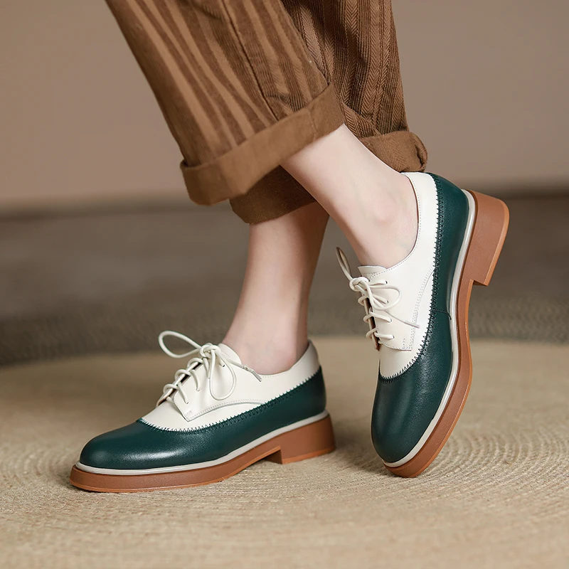 Women Genuine Leather Oxfords Shoes Moccasins Leisure Lace-up Brogues Wingtips Shoes for Ladies Autumn Flat Sneakers Brand
