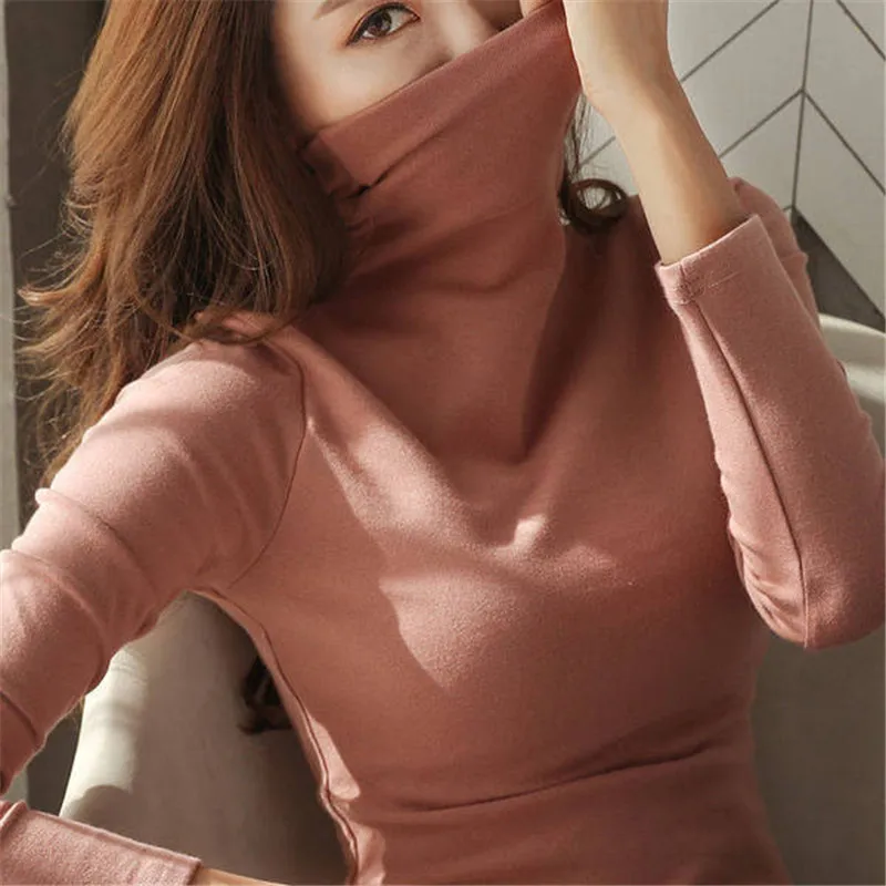Осенняя рубашка с высоким воротником, женская футболка с длинными рукавами, однотонная Корейская женская теплая тонкая женская рубашка, большие размеры - Цвет: Brick red