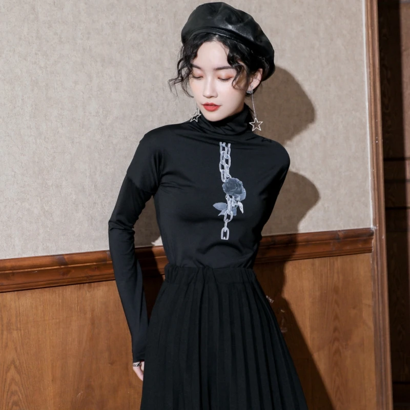 Осенний Топ, зимняя Корейская Футболка harajuku, модная винтажная черная водолазка с цветочным принтом и длинными рукавами для женщин