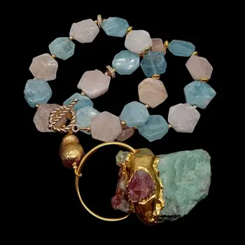 

Y·YING One Of A Kind Natural Aquamarines Morganite Hexangular Shape Necklace Emeralds Rough Pendant 18"