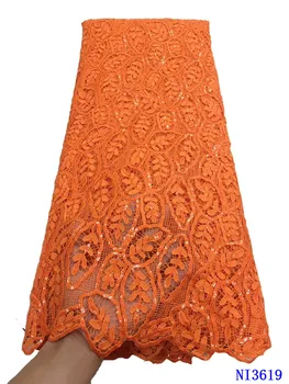 

Orange Latest African Laces 2020 High Quality Embroidered Sequin Fabric Guipure Cord Lace Fabric for Nigerian Party Dress NI3619