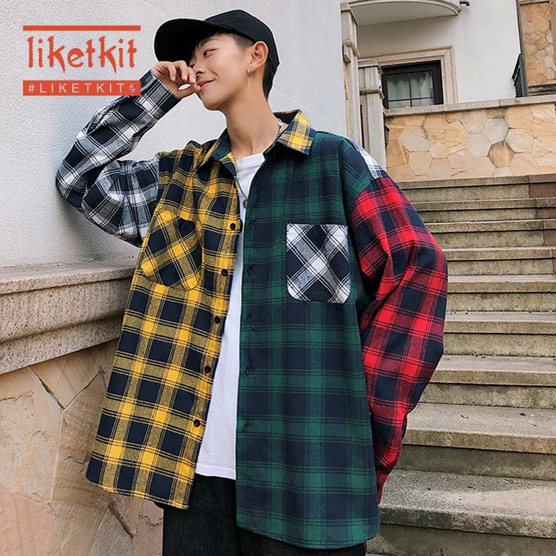 

Liketkit 2020 Men New Casual Hip Hop Shirt Male Color Patchwork Plaid Korean Couples Streetwear Women Loose Vintage Shirt Spring