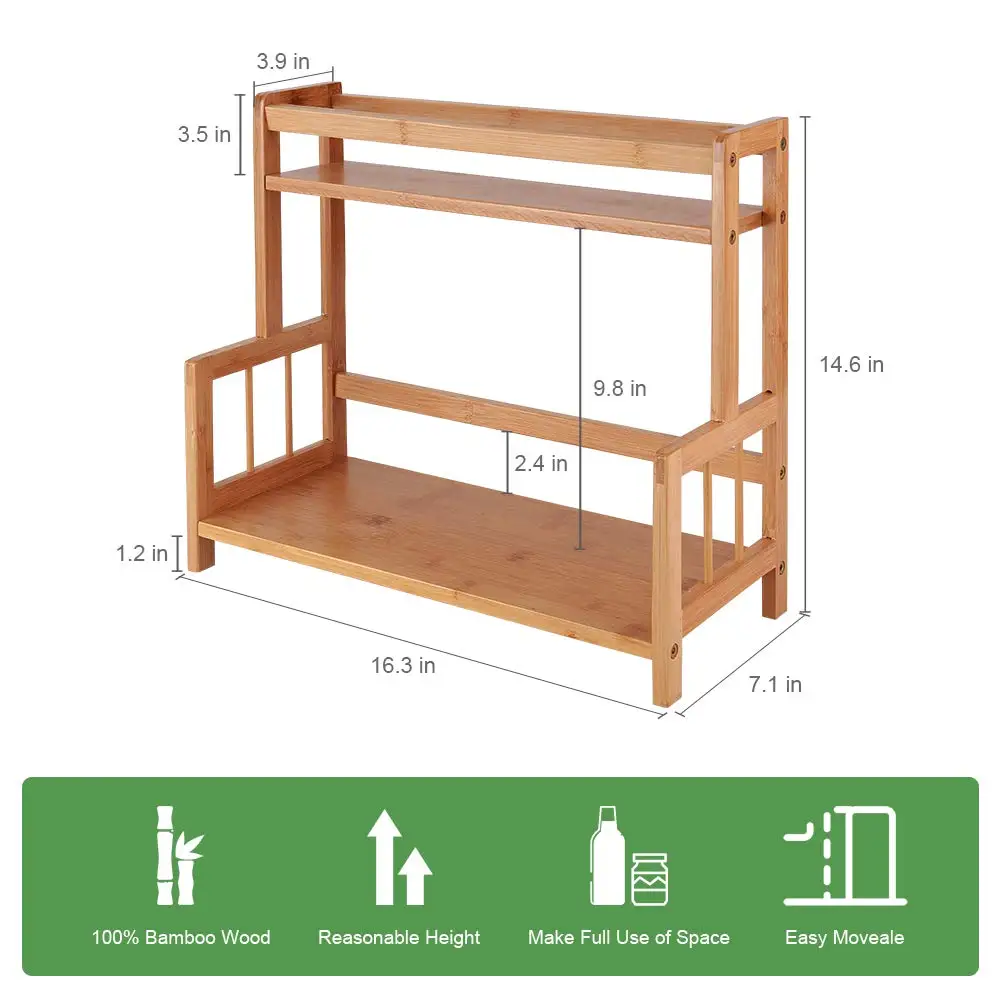 Кухонный стеллаж для хранения 2 яруса, бамбуковый деревянный органайзер для хранения на полке, кухонный держатель для специй, банка для бутылок, витрина, книжные полки