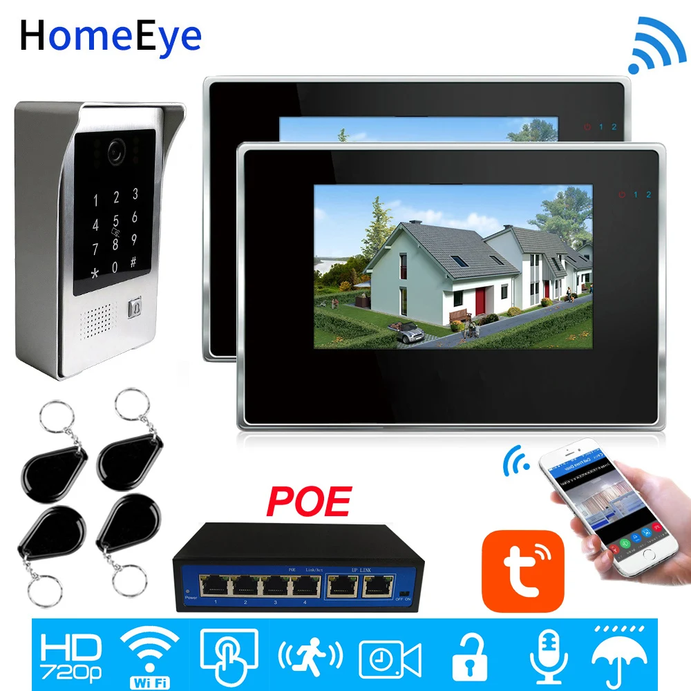 TuyaSmart APP IP Video Intercom POE System 720P Wifi Video Door Phone 7'' Touch Screen Password/IC Card Security Access Control