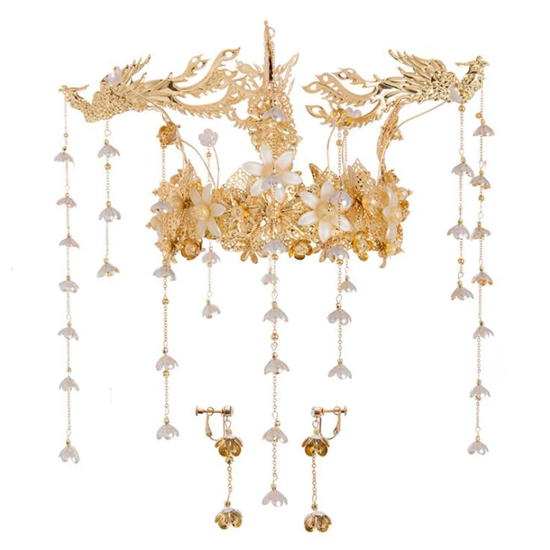 crown earring set NiuShuya Золотой павлин китайский Стиль Винтаж Свадебные украшения для волос аксессуары-кисточки Цветочные украшения для волос ювелирные изделия аксессуары на голову - Окраска металла: crown earring set