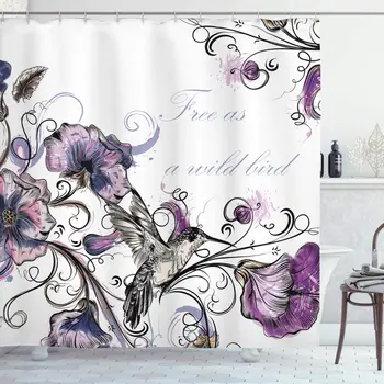 

Hummingbird Shower Curtain Flowers Leaves Bird and Classic Patterns Curvy Lines Ornament Nostalgic Art Bathroom Decor Set