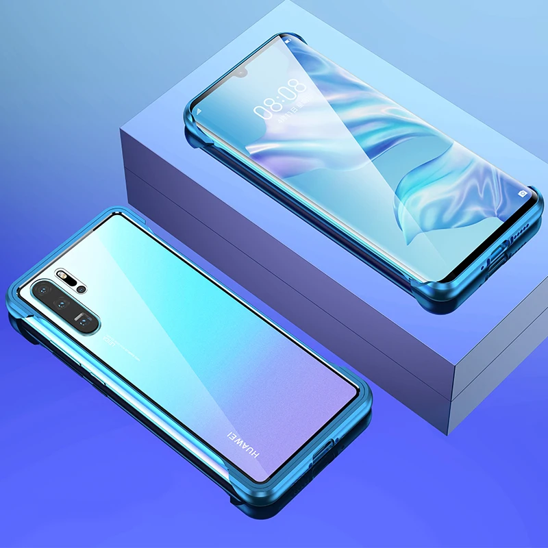 Бескаркасный металлический алюминиевый чехол для телефона huawei P30 Pro, тонкий прозрачный чехол из закаленного стекла, чехол для huawei P30 Pro - Цвет: Синий