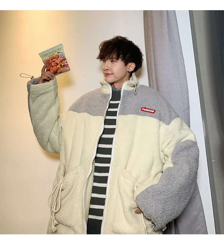 Winter new collection of patchwork printed thick and fleecy hooded padded clothes loose casual personality youth men's wear