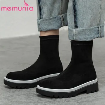 

MEMUNIA 2020 newest autumn winter boots ladies low heel casual shoes solid colors flock comfortable ankle boots women black