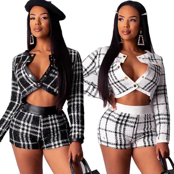 

Two Piece Set Women Spring Summer O-neck Plaid Vintage Crop Top Zipper Shorts Knit Sexy Casual Work Wear Feminino Streetwear