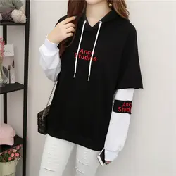 Студенческие худи с вышивкой в виде букв женские черные пуловеры Harajuku с длинным рукавом негабаритных с капюшоном тонкие хлопковые женские