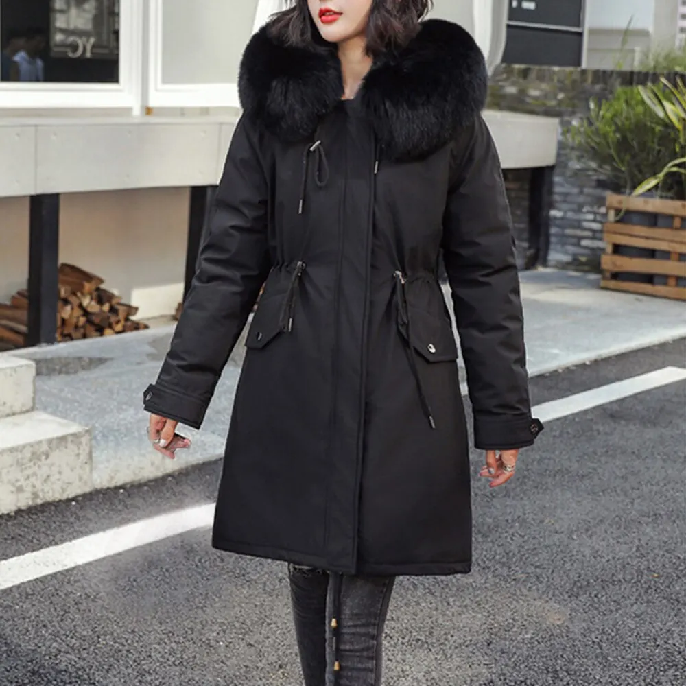 black NIBESSER Cotton Liner Warm Coat Waterproof Jacket Women Plus Size Slim Long Coat Female Winter Big Fur Hooded Parka Mujer Coats - Цвет: black