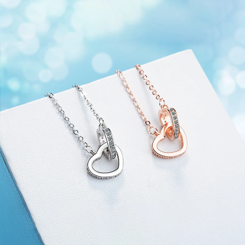 Silver filled Double Heart Circle CZ Zirconia Pendants Necklaces for Women Gift Kolye Choker Chain Collares Long Necklace |