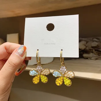 

925 Silver South Korea New Style Color Crystal Flower Earrings Women's Versatile Sweet Earrings Vacation Style Ear Stud