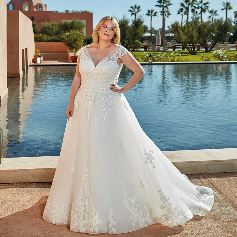 『Cheap!!!』- 2020 Thinyfull New Arrival Plus Size Wedding Dresses V
Neck Cap Sleeve A Line Bridal Gown Tulle Lace Appliques Vestidos De
Novia