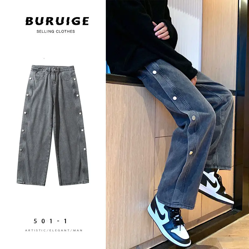 

Hip-hop Wide-leg Jeans Men Fashion Casual Retro Straight Jeans Men Streetwear Wild Loose Hip-hop Button Denim Trousers Mens
