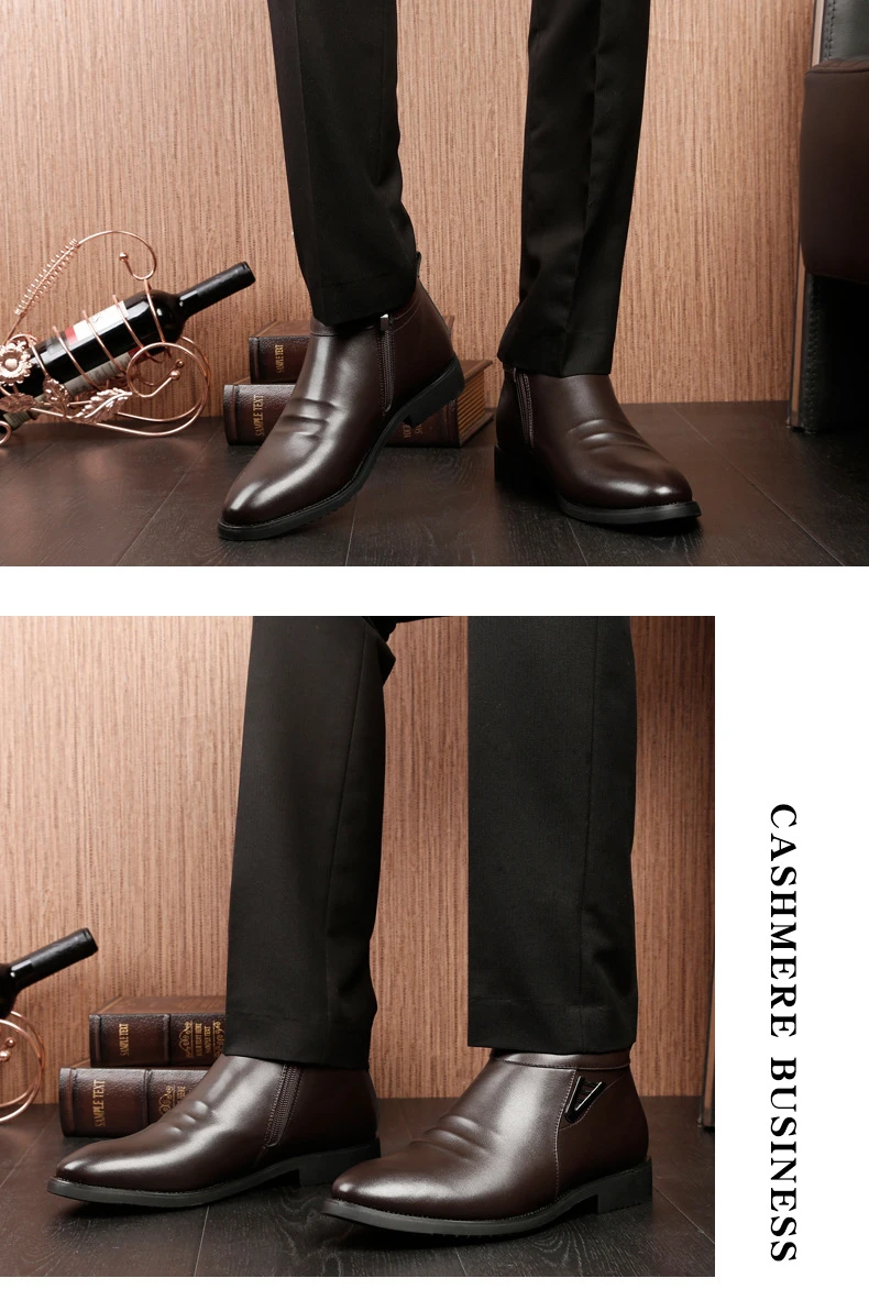 Короткие плюшевые зимние ботинки на молнии сбоку для мужчин; зимняя обувь; повседневные мужские ботинки в деловом стиле; кожаные ботинки; непромокаемые ботинки; Para Hombres