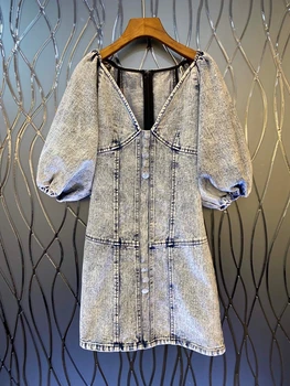 

2020 Spring and Summer New Women's V-neck Back Zipper Decorations Lantern Sleeve Computer Cable Lock 530
