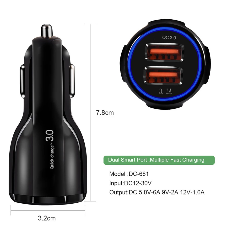 Автомобильное зарядное устройство ROCK, быстрая зарядка 3,0 QC 3,0, быстрая зарядка, Тип C, зарядное устройство для телефона s для huawei, Xiaomi, samsung, 2 порта, USB, быстрая зарядка для автомобиля