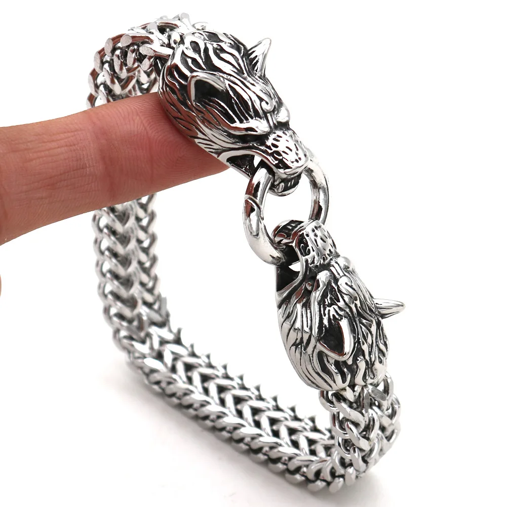 Viking Wolf Charm Bracelet Men's Stainless Steel Mesh Chain Wolf Punk Rock Bracelets Biker Jewelr 3