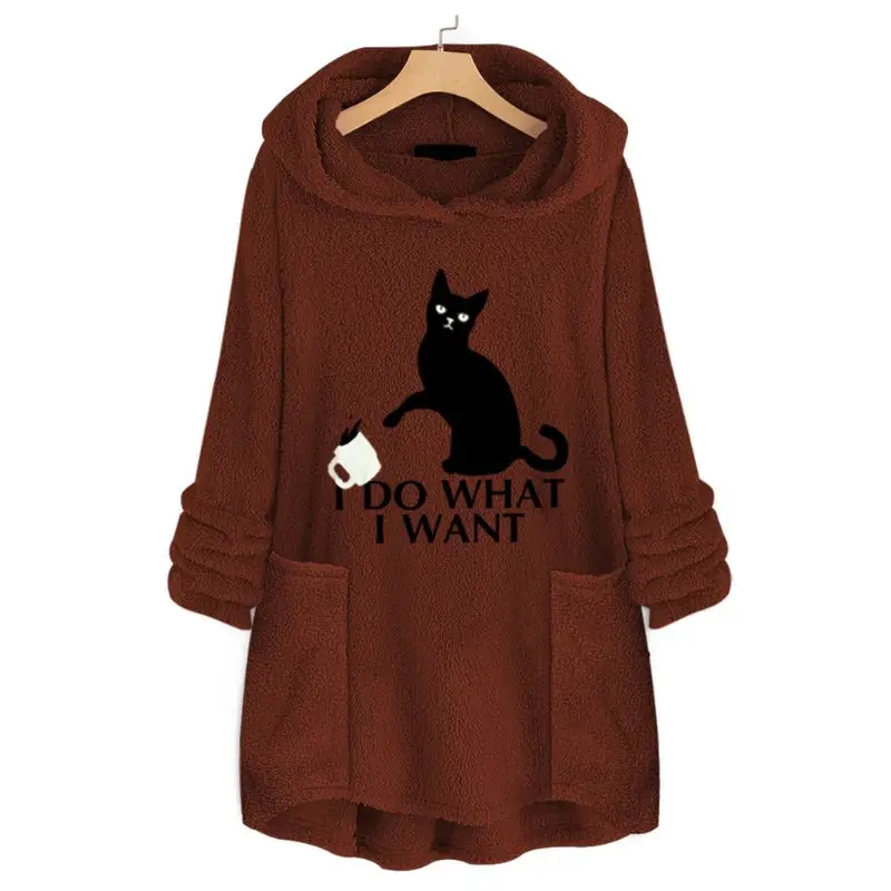 Womens Plus Size Winter Thicken Plush Hooded Sweatshirt Cute Lazy Cat Cartoon Printed Loose Asymmetric Hem Tunic Tops M-5XL