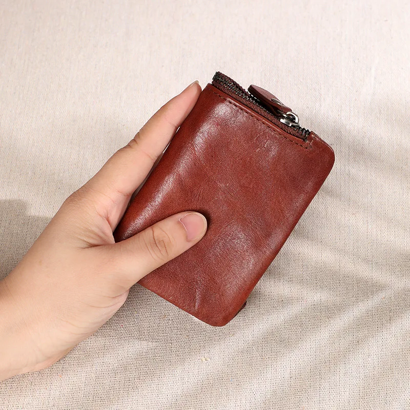 

Genuine Leather Men Wallet Vintage Short Small Key Wallets Coin Purse With Card Holder Key Ring Zipper Pocket Organizer Women