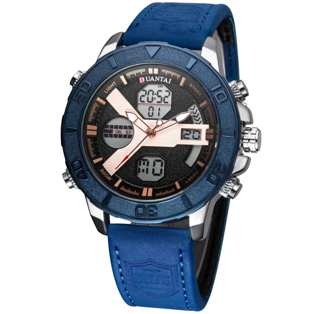 

DUANTAI Luxury Brand Mens New Fashion Leather Watch Band Luminous Double Display LED Digital Watch Quartz Watch Men Sport Watch